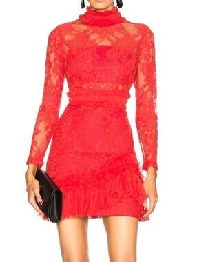Alexis Wilhemina Lace Mock Neck Mini Dress Red Long Sleeve Small